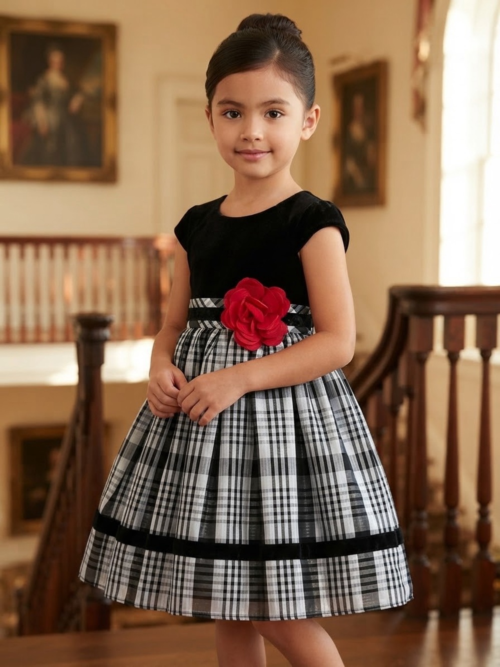 Take 50% OFF-Young Land Black Velvet Plaid Skirt Dress with Red Flower, Size-2T